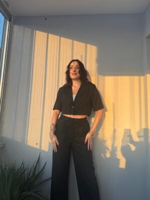 Siyah kısa kol crop ceket takım