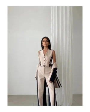 Lacivert şeritli garnili üçlü premium takım