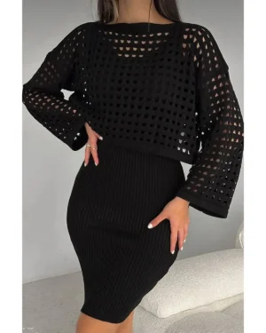 Ajurlu Kazak Askılı Triko Elbise Takım