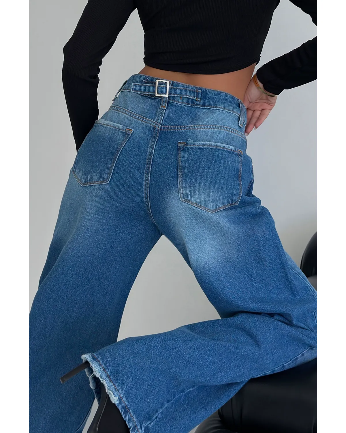 Arkası Kemer Tokalı Palozzo Kot Pantolon 2 Arkası Kemer Tokalı Palozzo Kot Pantolon - Görsel 2