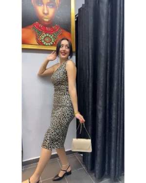 Tek Kol Leopar Midi Boy Elbise
