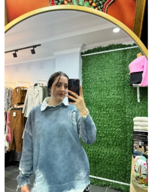 Yıkamalı Sökük Detaylı Triko Kazak