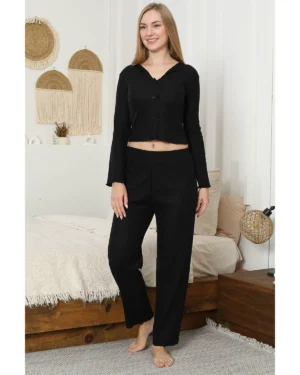Siyah Fiyonk Detaylı Uzun Kol İnterlok Pijama Takımı