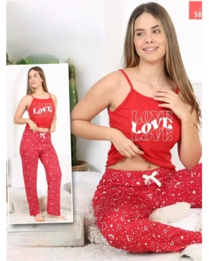 Kalp Desenli İp Askılı Pijama Takımı